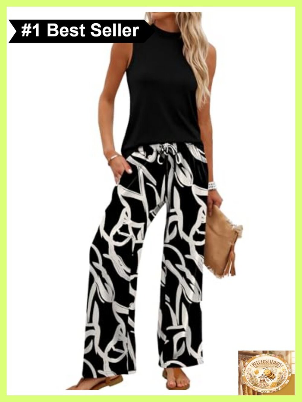 Two Piece Set Women Mock Neck Sleeveless Top Wide Leg Pants Travel Casual